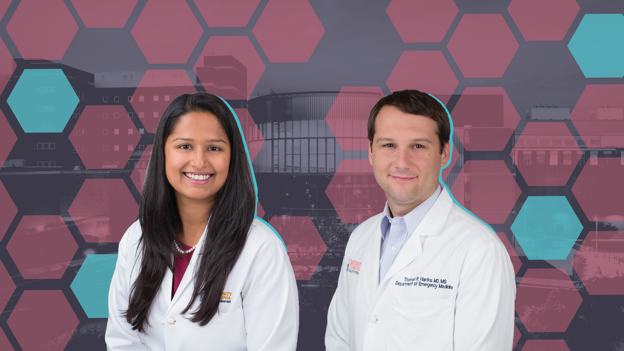 Drs. Syed and Hartka with hexagonal background